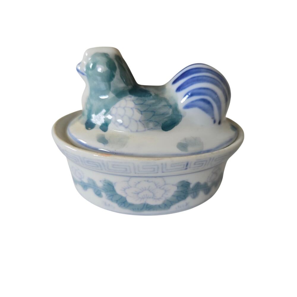 Vintage Miniature Chicken in a Basket Trinket 5" X 3.5" Ceramic Blue and White